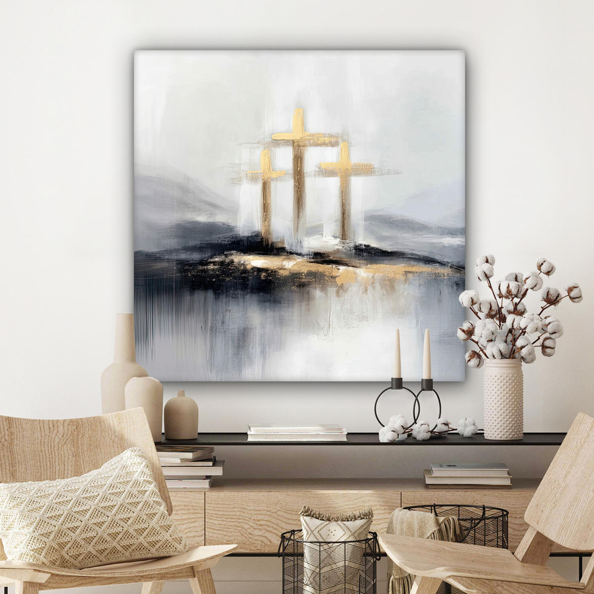LEINWANDBILD Abstrakt - Malerei - Christentum - Kreuz Deko Groß 90x90 cm - Weiß, Textil (90/90cm) - MuchoWow
