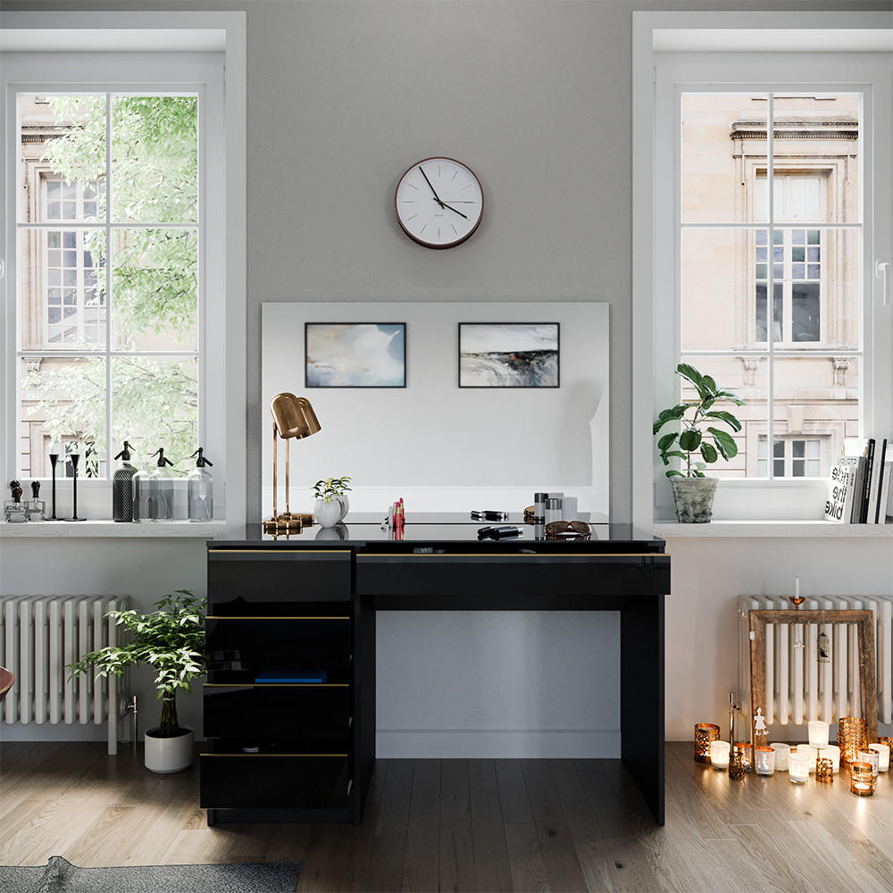 SCHMINKTISCH Sherry Schwarz/Gold 120 cm mit Spiegel - Goldfarben/Schwarz, Holzwerkstoff (120/75/55cm) - Vicco