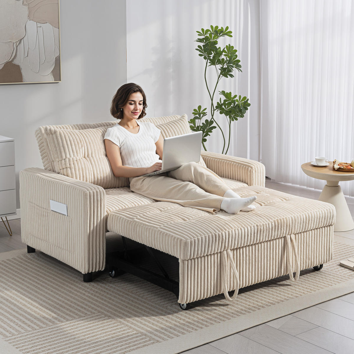 SCHLAFSOFA, 2-Sitzer Sofa 157x190cm mit Schlaffunktion, Verstellbare Rückenlehne - Creme/Schwarz, Kunststoff/Textil (90/91/157cm) - HOMCOM