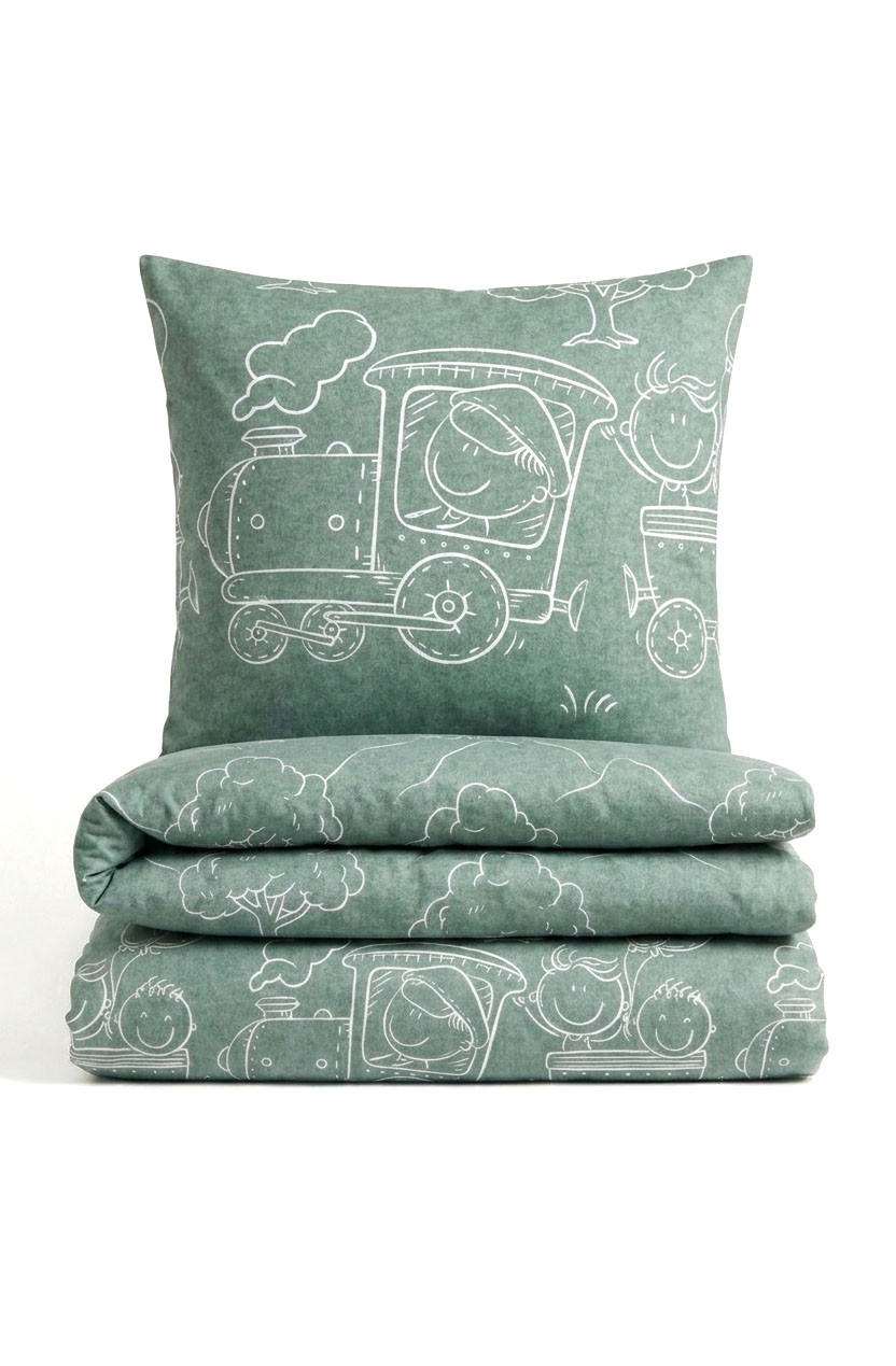 BETTWÄSCHE-GARNITUR Premium Melange Lokomotive fichte, 135x200 cm + 80x80 cm - Dunkelgrün, Textil (135/200cm) - biberna