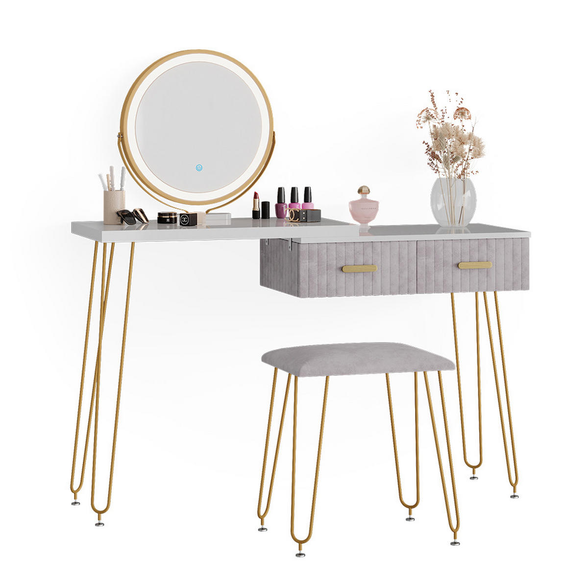 SCHMINKTISCH Zoey Grau 120 cm mit LED Beleuchtung und Hocker - Grau, Holzwerkstoff (120/76/37cm) - Vicco