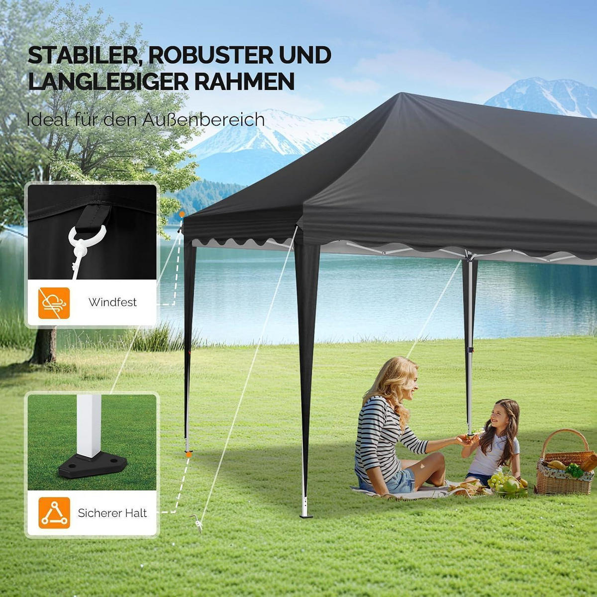 FALTPAVILLON 3 x 6 m Dunkelgrau mit Seitenwänden und Sandsäcken - Anthrazit, Textil (300/268/600cm)
