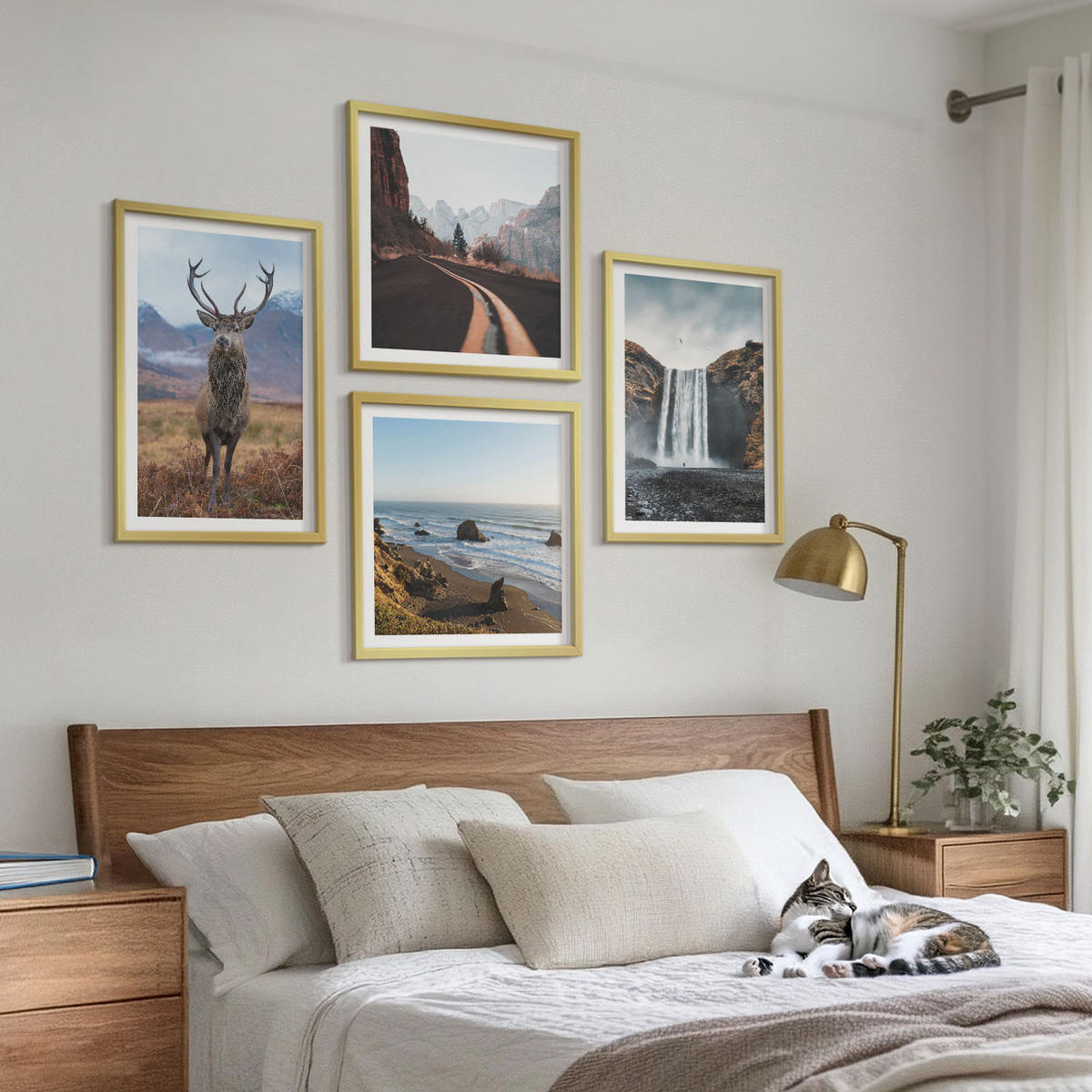WANDBILDER 4er Set - 50x50 cm & 40x60 cm Goldrahmen - Berglandschaften, Wasserfälle, Hirsche, Strände - Goldfarben, Kunststoff (50/50cm) - ArtPrintCave