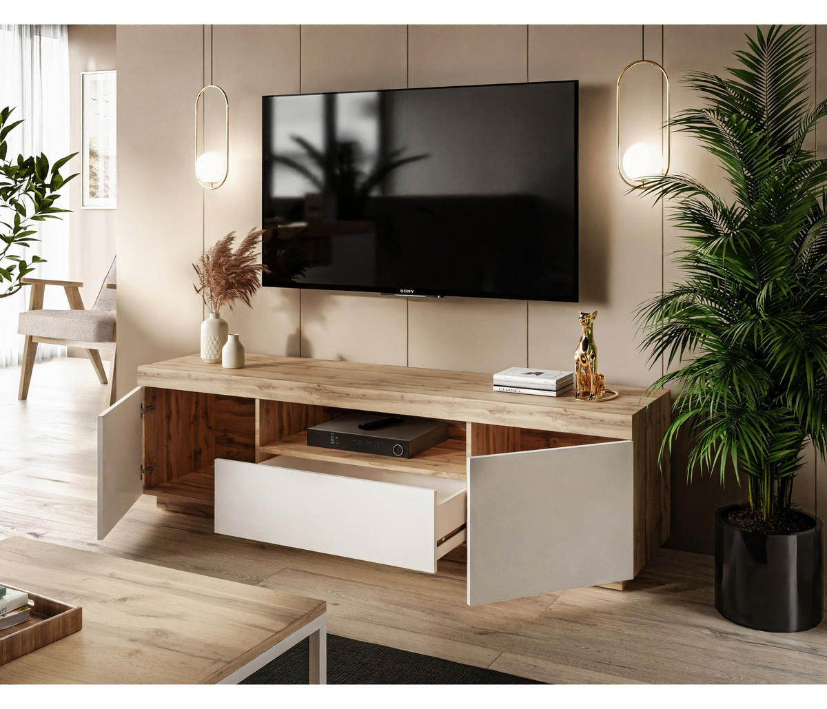 TV-SCHRANK YOSHI 170/42/49 cm Wotan Eiche / Weiß - Naturfarben, Holzwerkstoff (170/49/42cm) - Lookway
