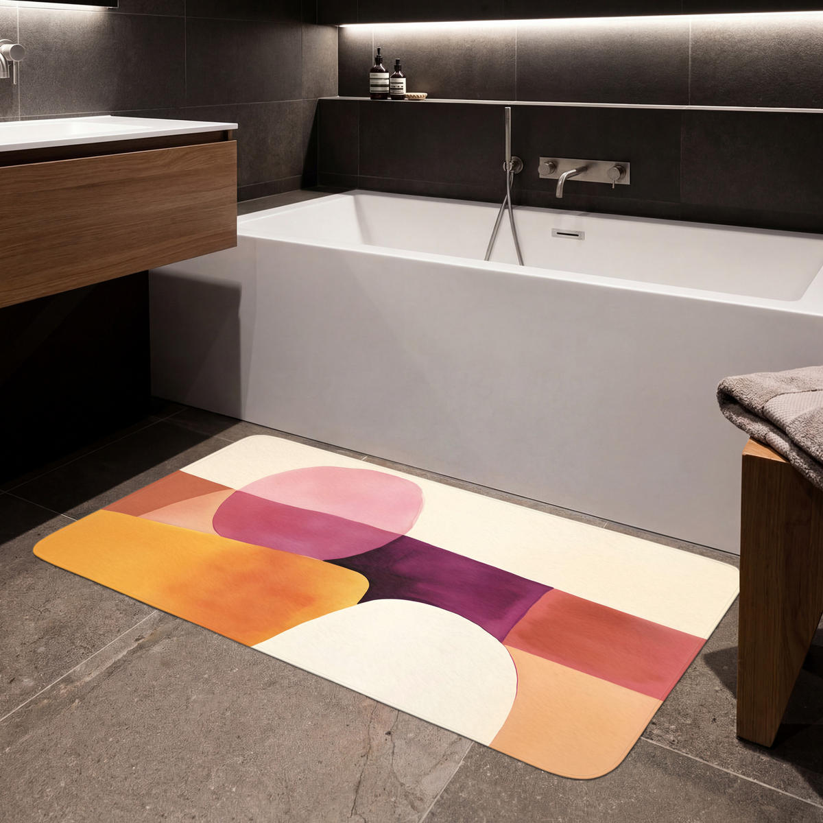KOUPELNOVÁ PŘEDLOŽKA Tvary - abstraktní - barevné 120x60 cm - terakotová, textil/plast (120/60cm) - OnlyWow