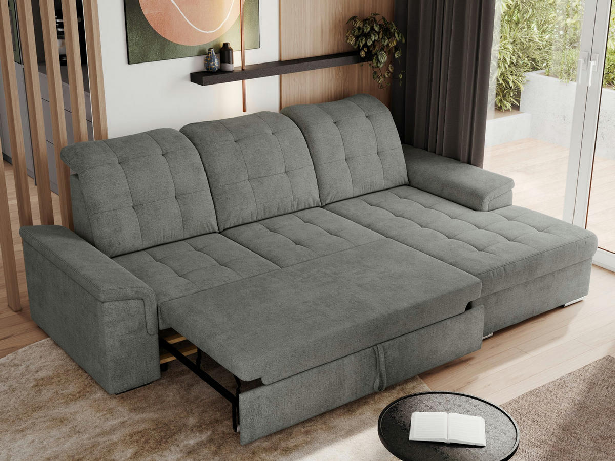 ECKSOFA MADRITO L - Grau Struktur - Rechts - Silberfarben/Grau, Textil/Metall (256/160cm)