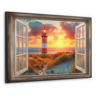 LEINWAND Bilder mit Rahmen - Aussicht - Fenster - Leuchtturm - Sonnenuntergang - Strand - 90x60 - Dunkelorange, Textil (90/60cm) - MuchoWow