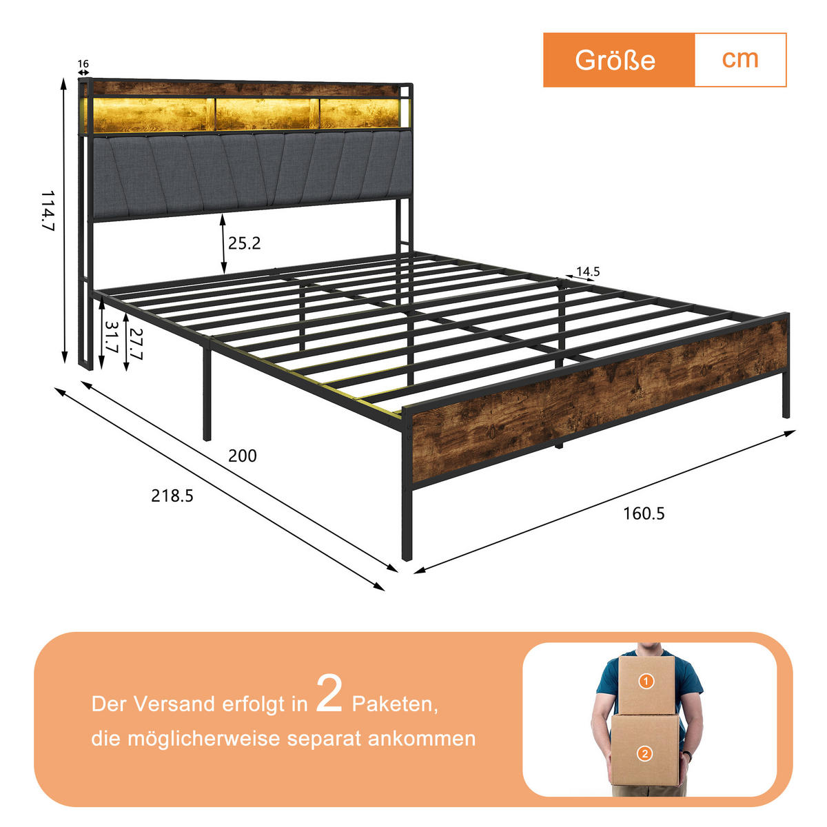 ČALÚNENÁ posteľ 160x200 cm s RGB LED, úložným čelom a USB - hnedá, drevo (160/200cm) - SHOPENTRA