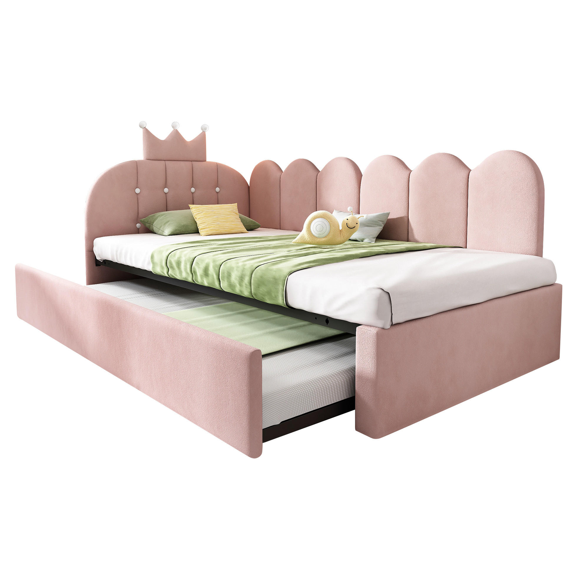 POLSTERBETT 90/200 cm mit Ausziehbett, Kronen- und Gitterdesign aus Samt, Rosa - Rosa, Textil (90/200cm) - Redom