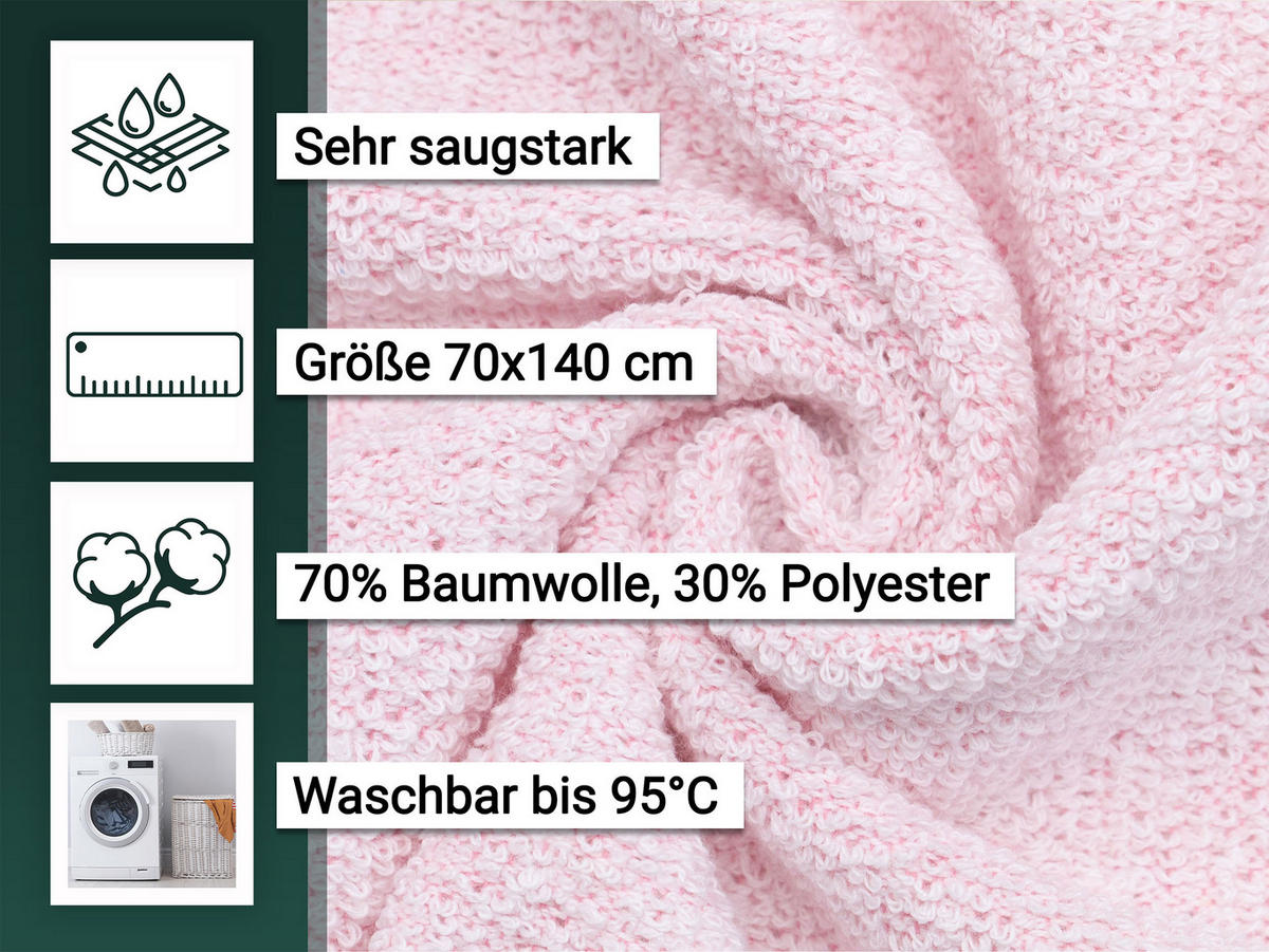 DUSCHTÜCHER, 5er-Set, 70x140 cm, 70% Baumwolle, 30% Polyester, Rosa - Rosa, Textil (70/140cm) - Zollner