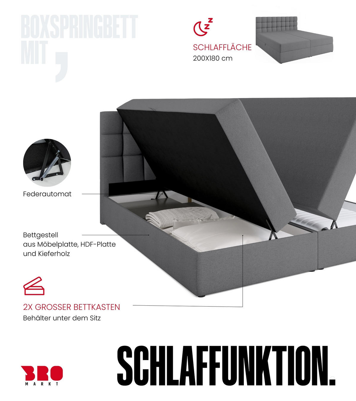 BOXBETT Dakota mit Topper 180/200 Hellgrau - Hellgrau, Textil (180/200cm) - Bromarkt