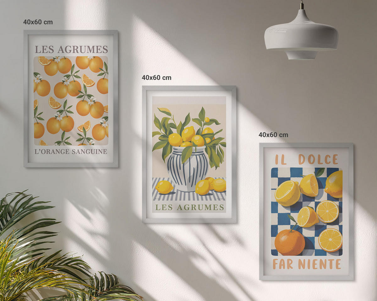 BILDER SET 3er Set - 40x60 cm Silberner Rahmen - Retro gelbe Zitrusfrüchte - Silberfarben, Kunststoff (40/60cm) - TULUP