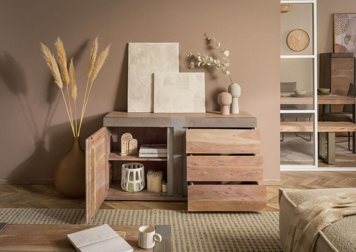 SIDEBOARD Akazie 135x45x75 beige lackiert Amsterdam #128 - Beige, Holz (135/75/45cm) - Massivmoebel24