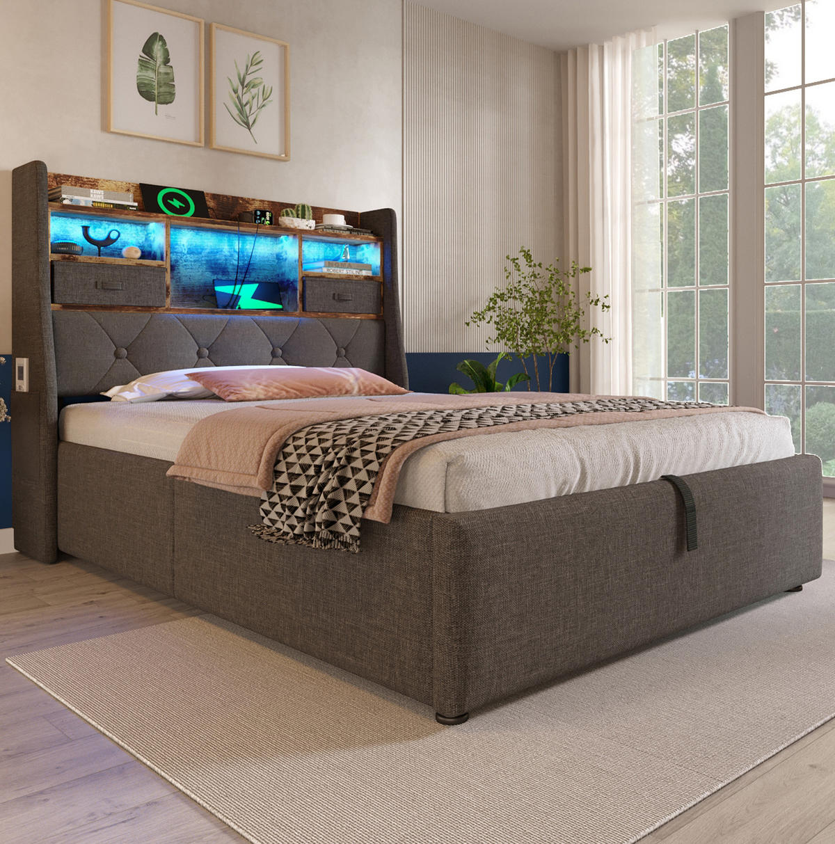 POLSTERBETT mit Stauraum & LED 90x200 cm Leinen Grau inkl. Lattenrost - Grau, Metall (90/200cm) - Meubliv