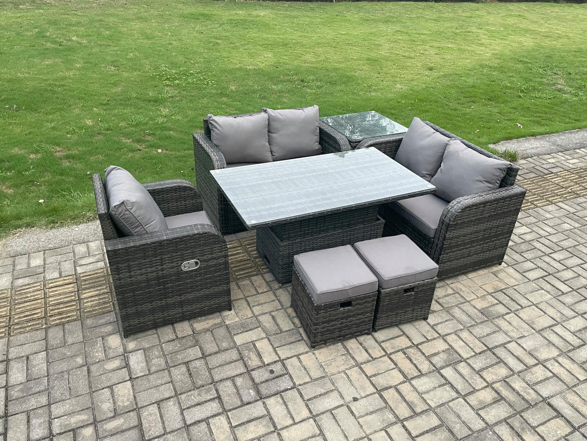 GARTENMÖBELSET Polyrattan 6-Sitzer - Dunkelgrau, Metall - Fimous