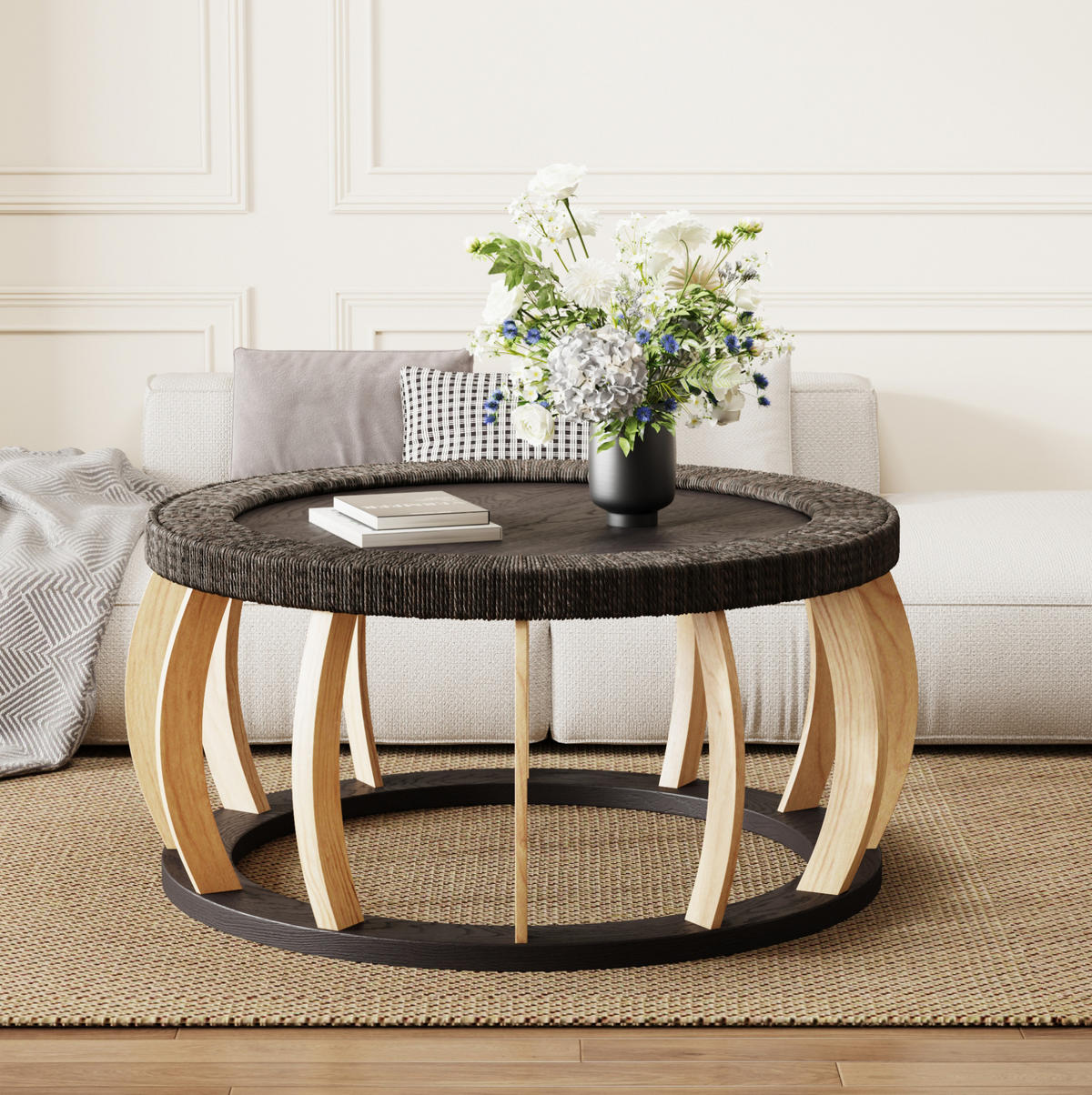 COUCHTISCH 90/90/43 cm in Schwarzbraun aus Massivholz und MDF mit Rundform - Schwarz, Holzwerkstoff (90/90/43cm) - OKMYHOME
