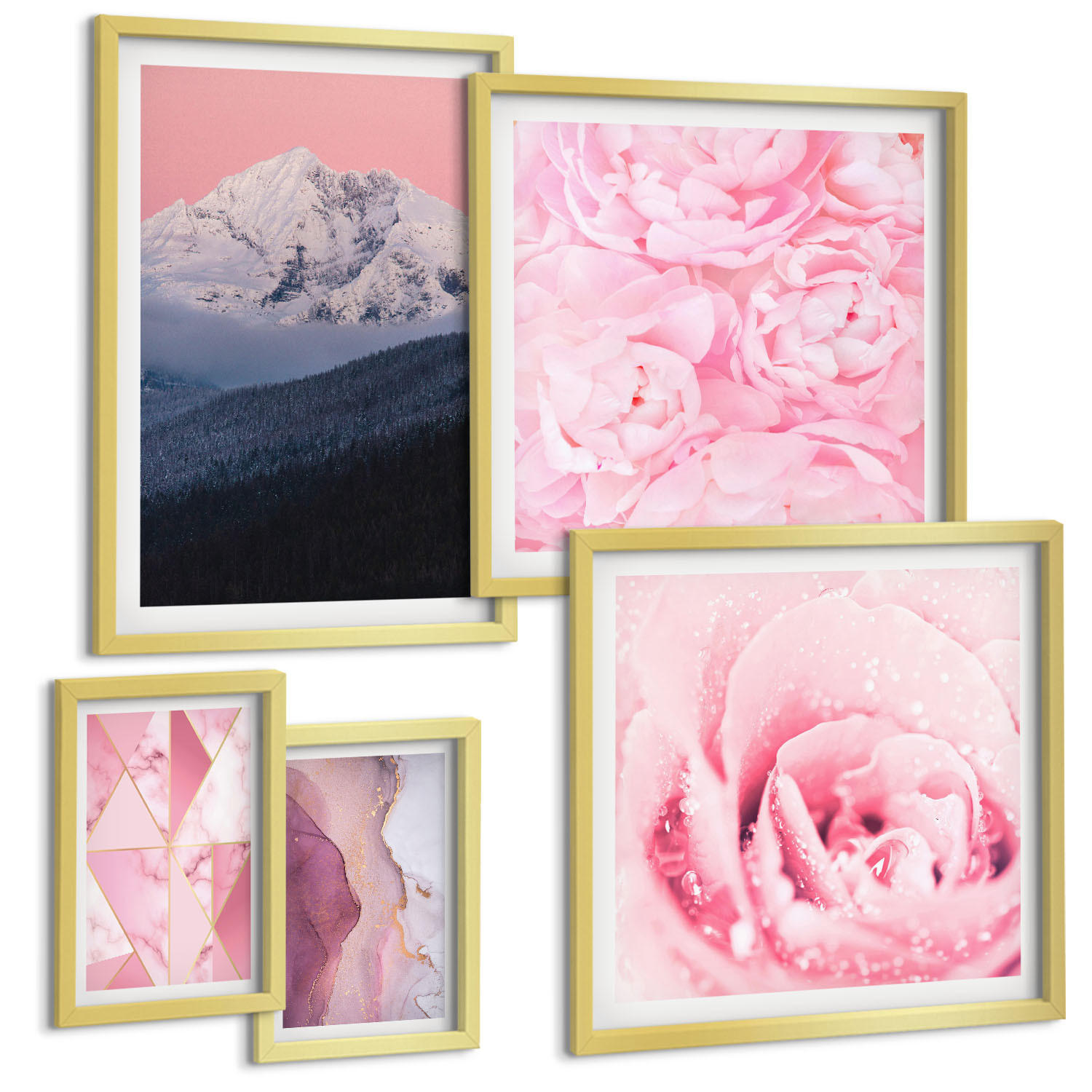 BILDER SET 5er Set - 50x50 cm & 20x30 cm & 40x60 cm Goldrahmen - Abstraktionen dekorativer Malerei - Goldfarben, Kunststoff (40/60cm) - TULUP