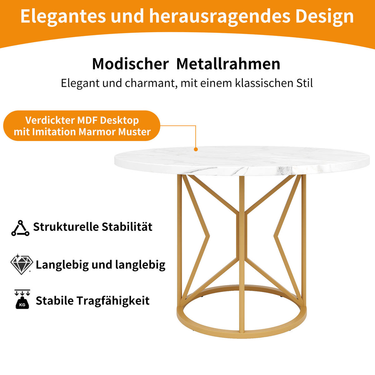 ESSTISCH 100x100x76 cm in Weiß und Gold aus MDF mit Marmoroptik auf goldenem Metallgestell - Goldfarben, Holzwerkstoff (100/100/76cm) - Modfu