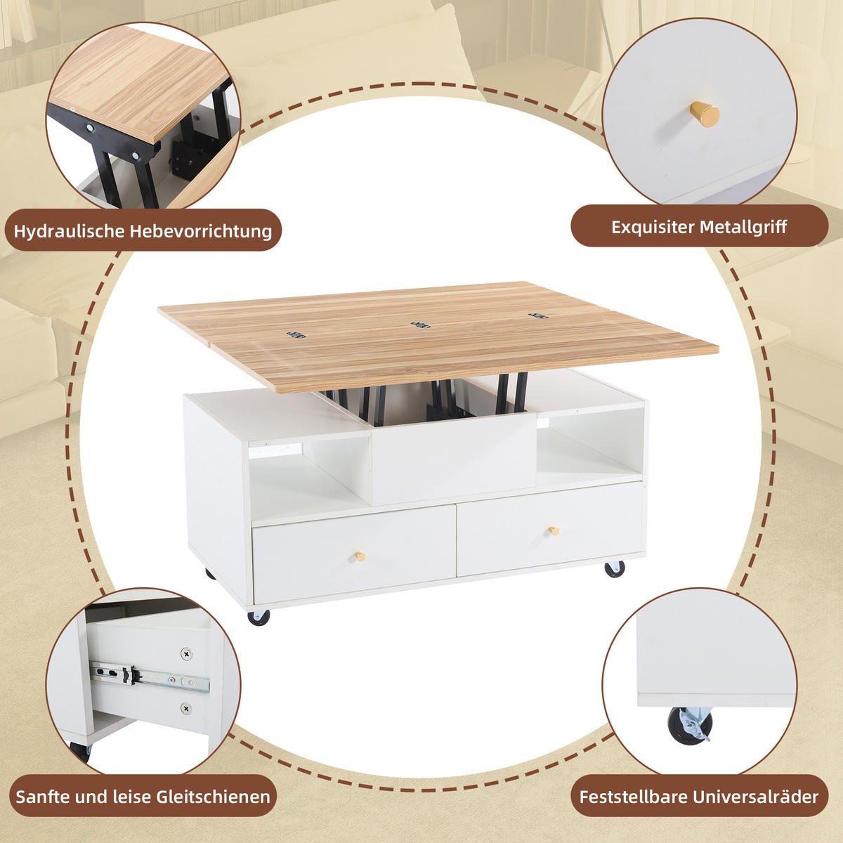 COUCHTISCH DE-079 VarioLift Oak-coloured - Eichefarben, Holzwerkstoff (50/100/48cm) - ComfortXL