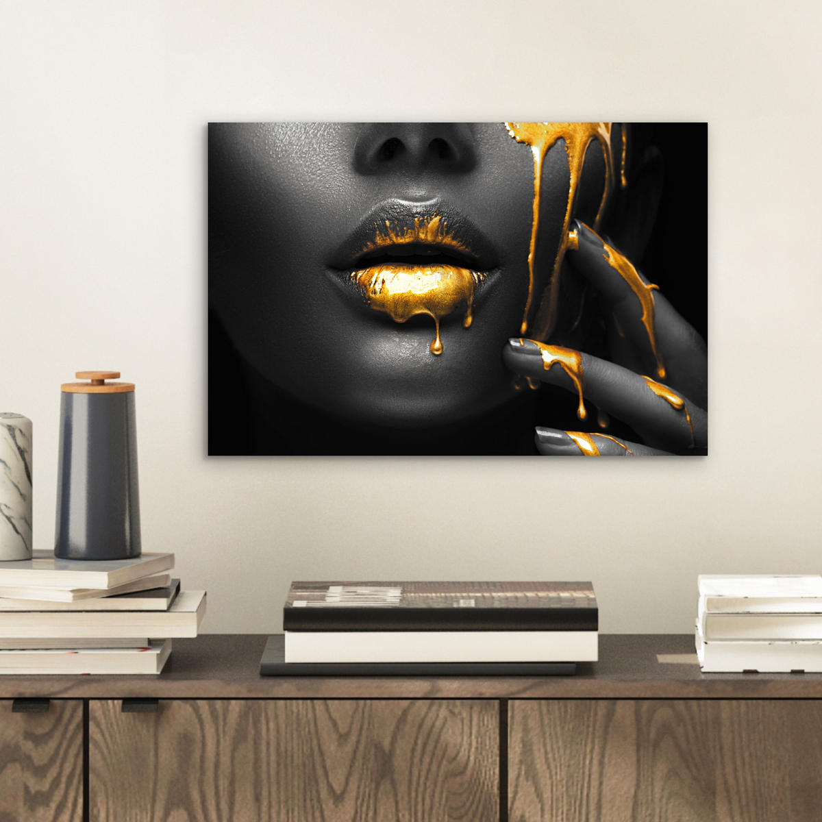 METALLBILD Frau - Schwarz - Gold - Gesicht - Lippen 30x20 cm - Goldfarben, Metall (30/20cm) - MuchoWow