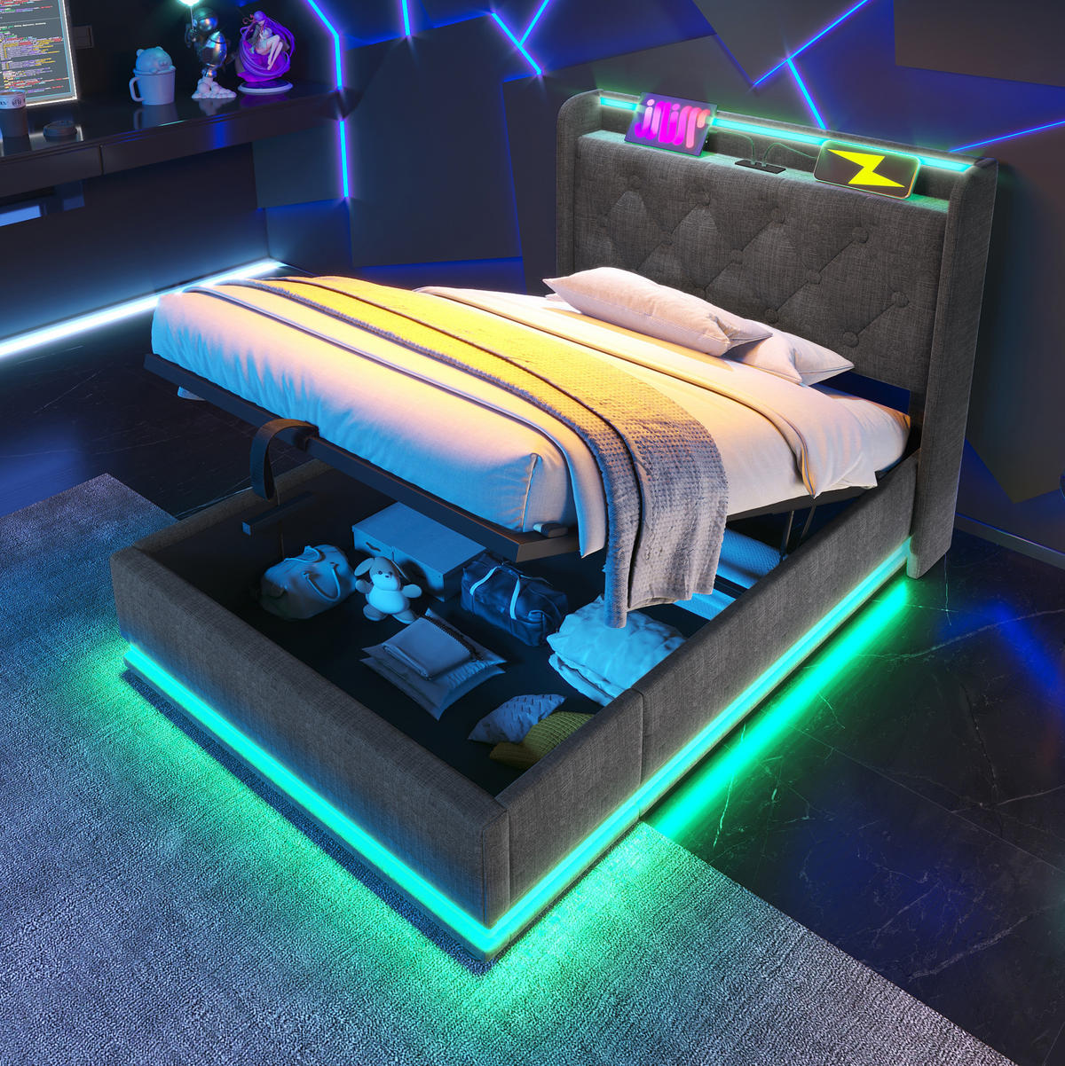 BETT mit LED und Stauraum 90x200 cm Leinen Grau - Grau, Metall (90/200cm) - Meubliv