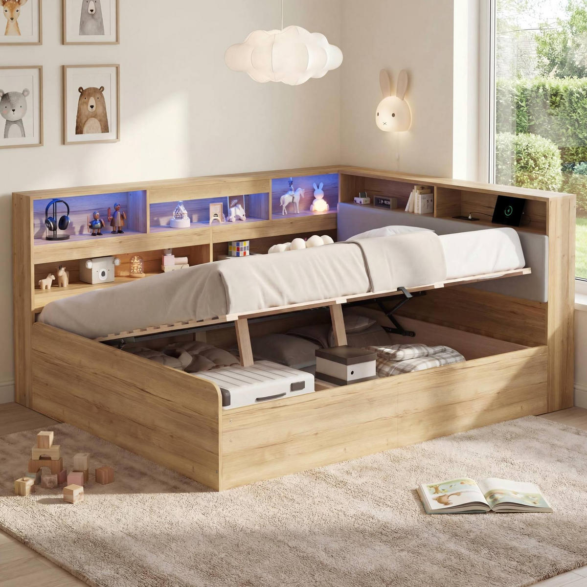 KINDERBETT 140/200 cm aus MDF mit hydraulischem Stauraum, LED-Beleuchtung und USB-Ladestation, Natur - Naturfarben, Holzwerkstoff (140/200cm) - Redom
