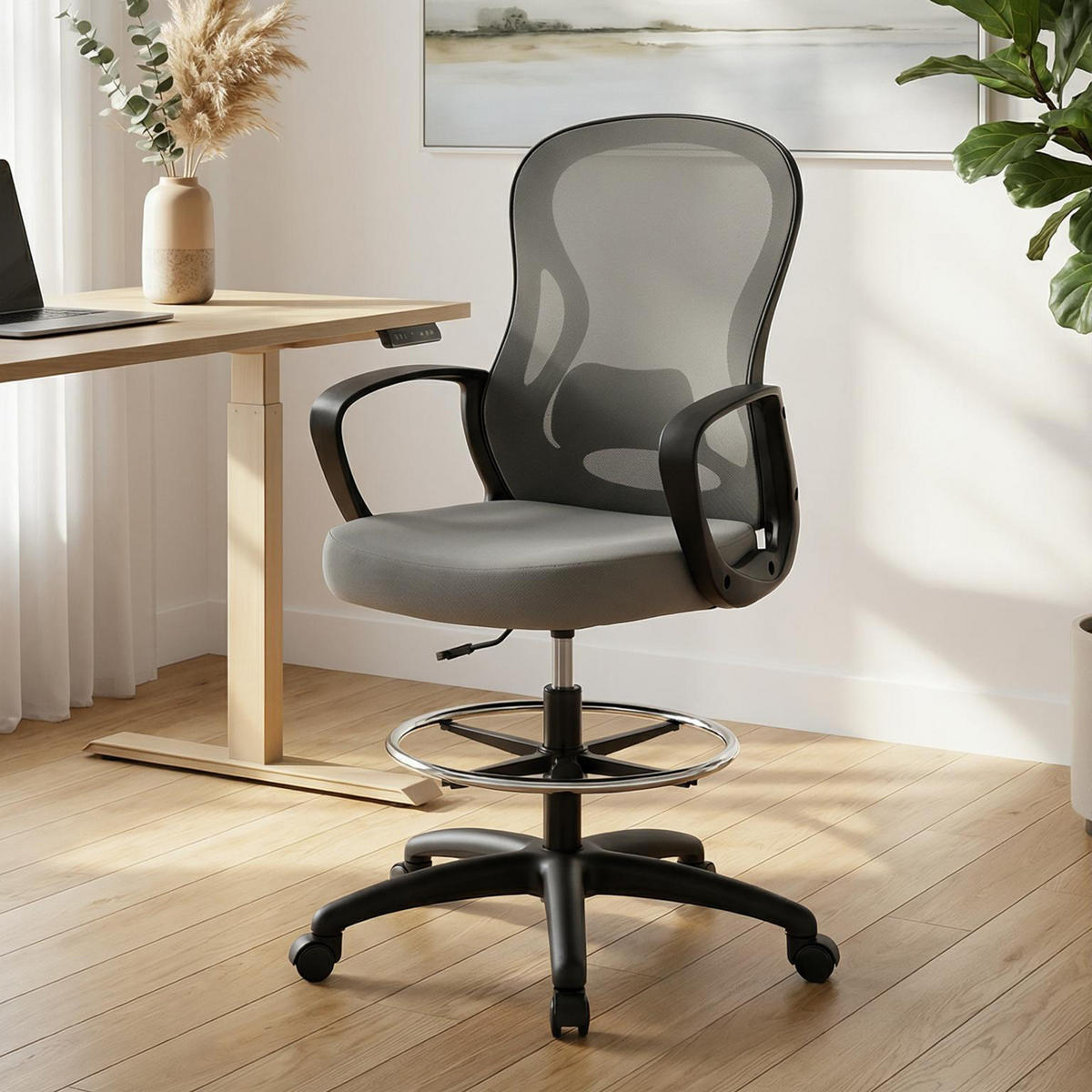 DREHSTUHL DE-11857 höhenverstellbar mit Fußring & Netz Grau - Grau, Metall (59/123/65cm) - ComfortXL