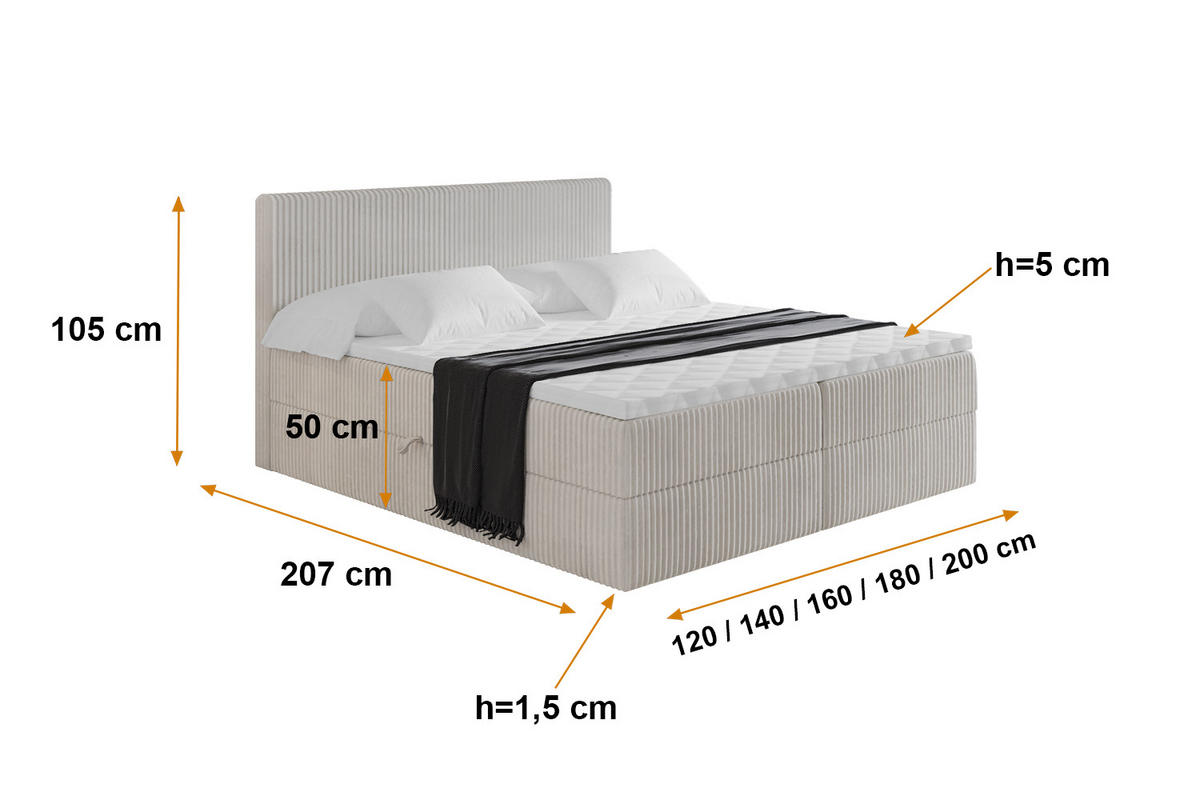 BOXBETT mit Matratze H4 und Lattenrost - TOLO - 160x200 Cord - Creme - Creme, Holzwerkstoff/Kunststoff (160/200cm) - ALTDECOR