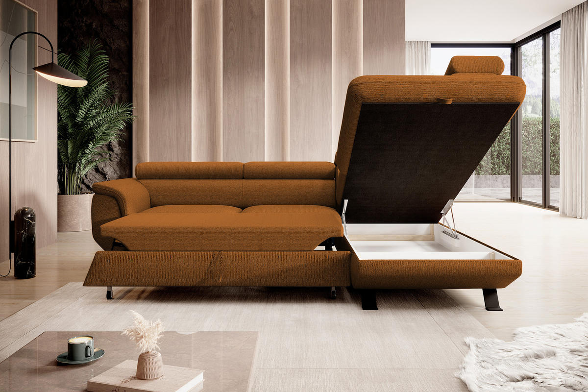 ECKSOFA Raven L mit Schlaffunktion und Bettkasten, Freistehend, Polstersofa mit Verstellbaren Kopfstützen, 257x198x96 cm – Rechte, Braun - Braun, Holz/Textil (256/198cm) - DomoHome