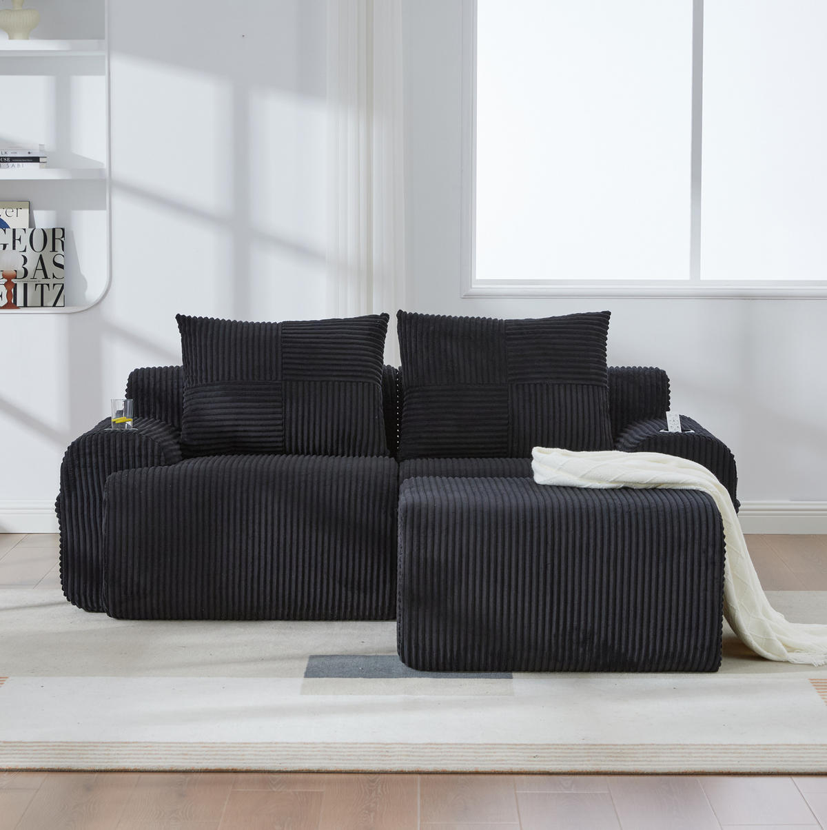 ECKSOFA 200/174/80 cm schwarz aus Cord mit Cupholder und Tasche - Schwarz, Textil (174/200cm) - OKWISH