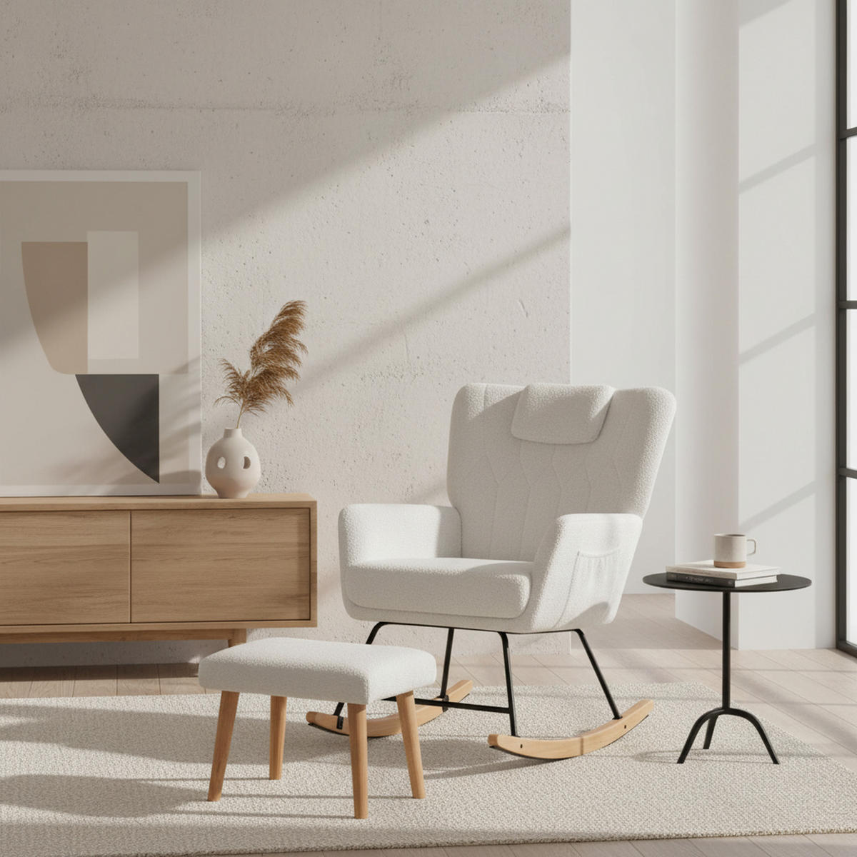 SCHAUKELSTUHL Weiß Teddy mit Fußhocker & Holzrahmen 30° Schaukelfunktion - Beige/Sonoma Eiche, Holzwerkstoff/Buchenholz (65/87/88cm) - Urban Meuble