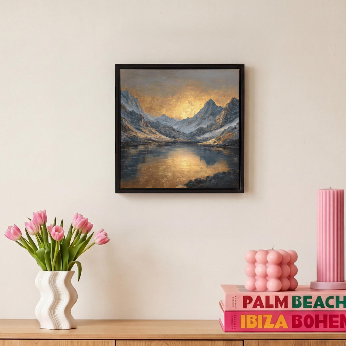 LEINWAND Bilder mit Rahmen - Bergkulisse mit goldenem Sonnenuntergang - 20x20 - Goldfarben, Textil (20/20cm) - MuchoWow