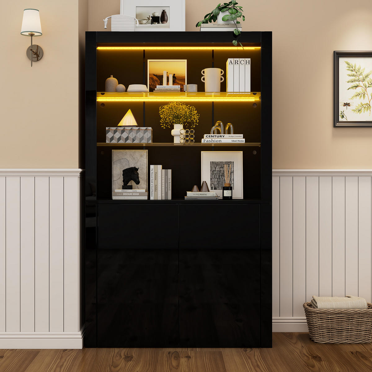 VITRINE mit LED 100 x 35 x 170 cm Hochglanz Schwarz - Schwarz, Glas (35/170/100cm) - Beauniv
