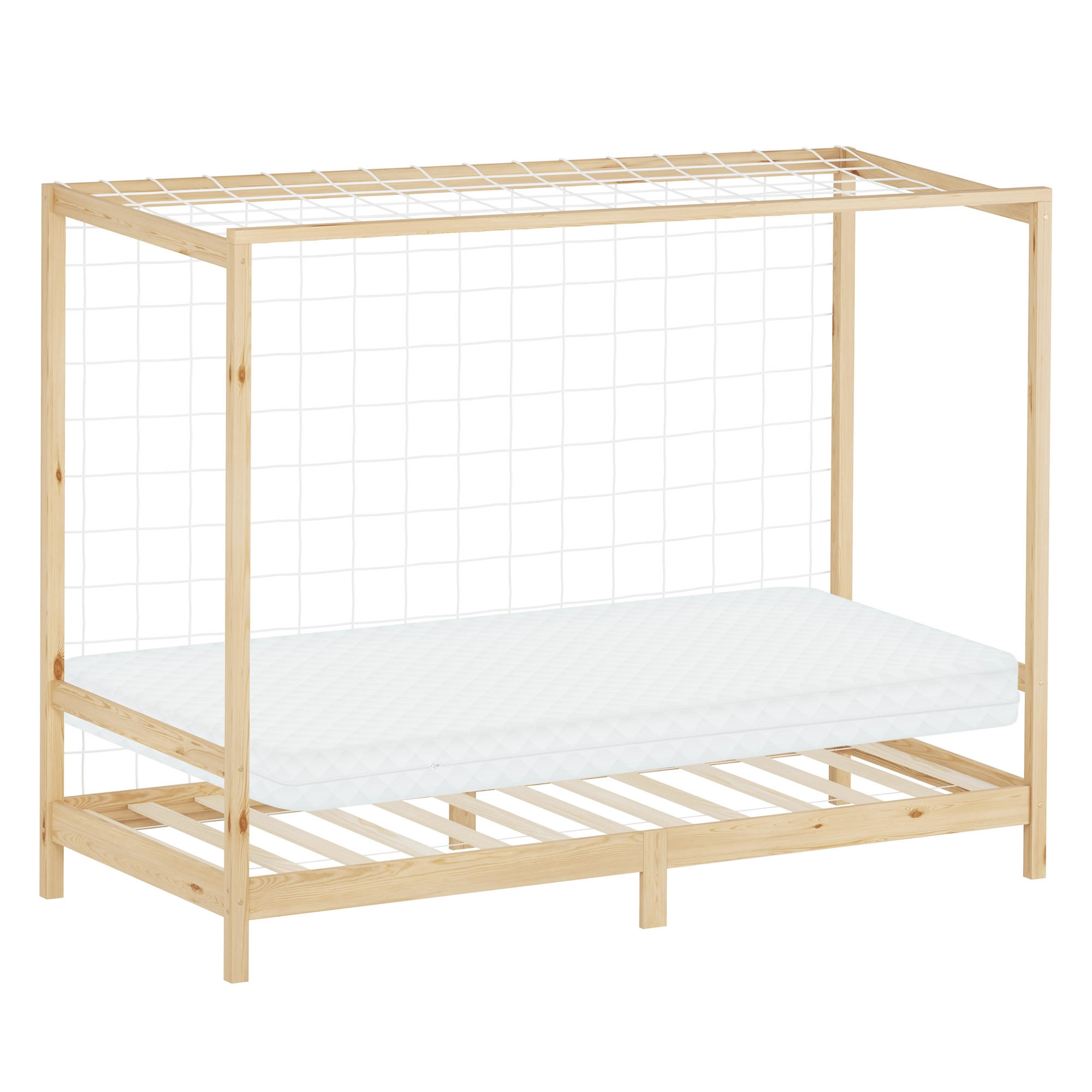 ML-DESIGN DĚTSKÁ postýlka ve tvaru fotbalové brány 90 x 200 cm s matrací, výška 10 cm, přírodní borové dřevo