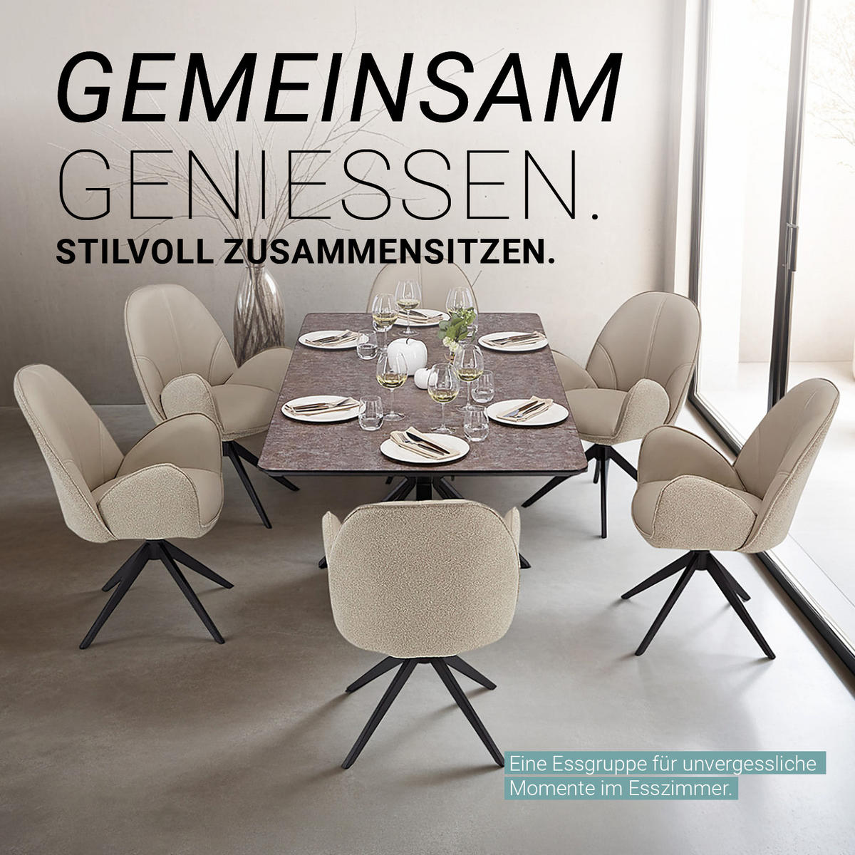 TISCHGRUPPE 200x100 cm schwarz mit 6 Stühle Beige - Beige, Metall (100/90/200cm) - Homestyle4u