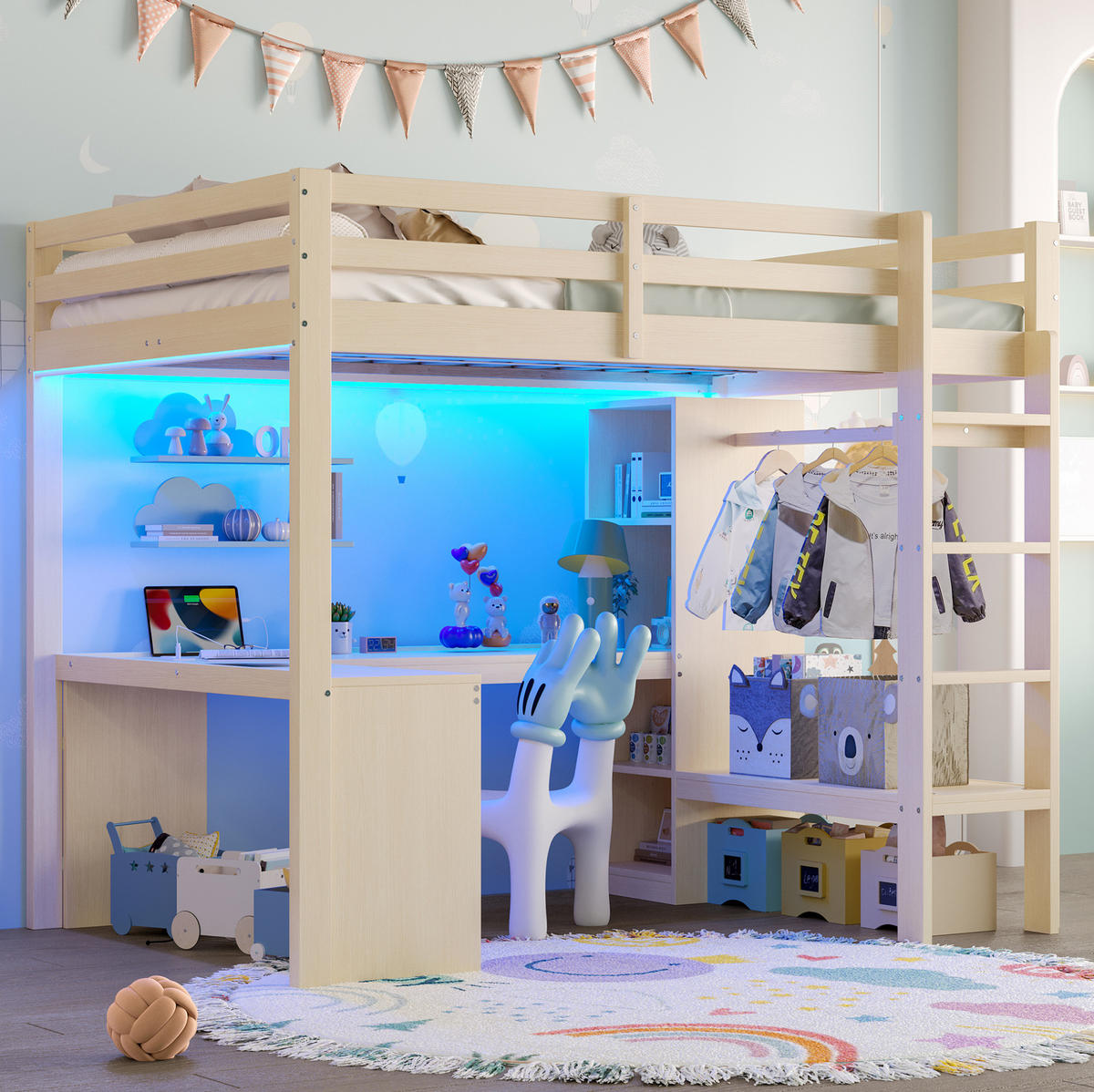 HOCHBETT 140/200 cm aus Massivholz und MDF mit Schreibtisch, LED, USB, Regalen und offenem Kleiderschrank, Natur - Naturfarben, Holzwerkstoff (140/200cm) - Redom