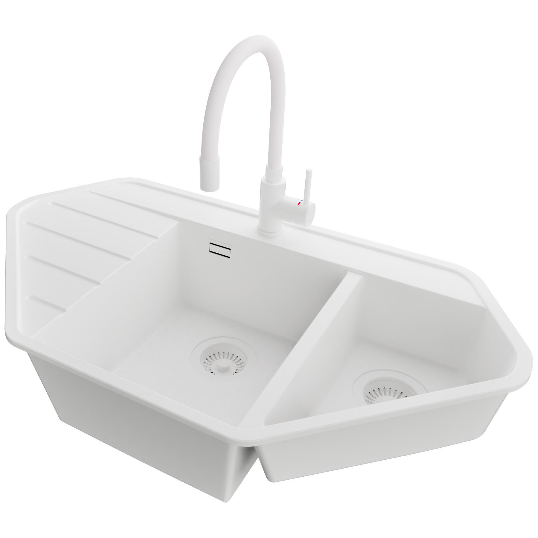 GRANITSPÜLE Kopenhagen Corner, 2-er set Alles Weiß 90/50 cm 1,5 Becken + Küchenarmatur 38/14 cm + Ablauf-Set ab 70er Unterschrank - Weiß, Kunststoff (90/18/50cm) - Primagran
