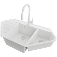 GRANITSPÜLE Kopenhagen Corner, 2-er set Alles Weiß 90/50 cm 1,5 Becken + Küchenarmatur 38/14 cm + Ablauf-Set ab 70er Unterschrank - Weiß, Kunststoff (90/18/50cm) - Primagran