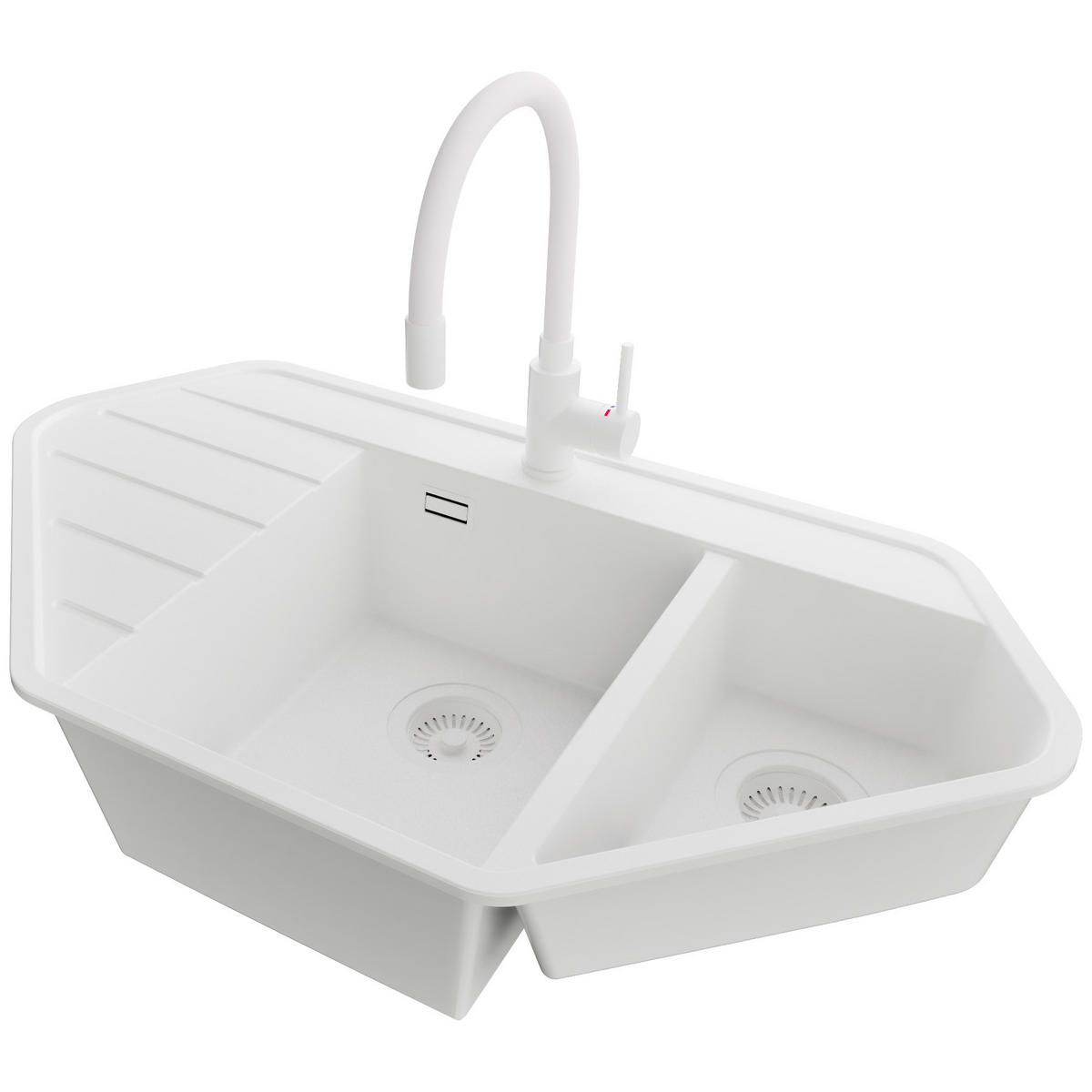 GRANITSPÜLE Kopenhagen Corner, 2-er set Alles Weiß 90/50 cm 1,5 Becken + Küchenarmatur 38/14 cm + Ablauf-Set ab 70er Unterschrank - Weiß, Kunststoff (90/18/50cm) - Primagran