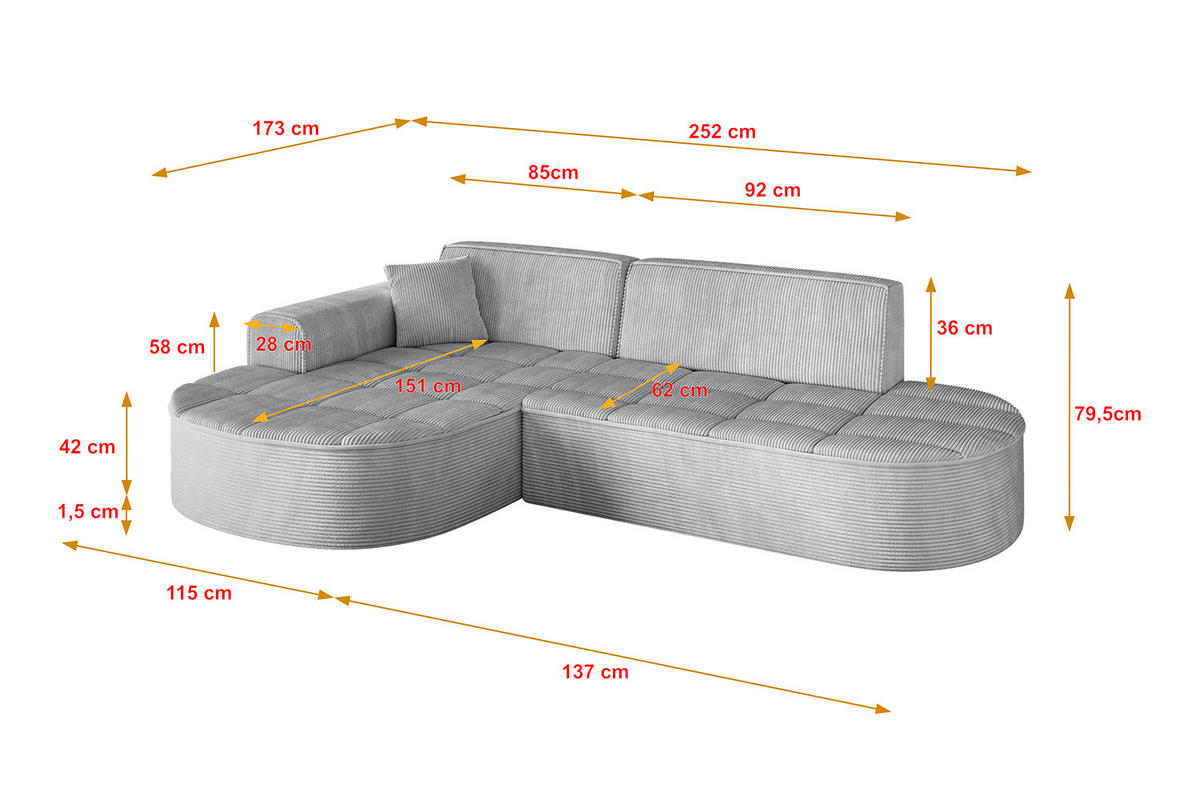 ECKSOFA Ottomane Links LIVO-L1 - 252x173x79,5 cm Grau - Grau, Holzwerkstoff/Textil (252/173cm) - ALTDECOR