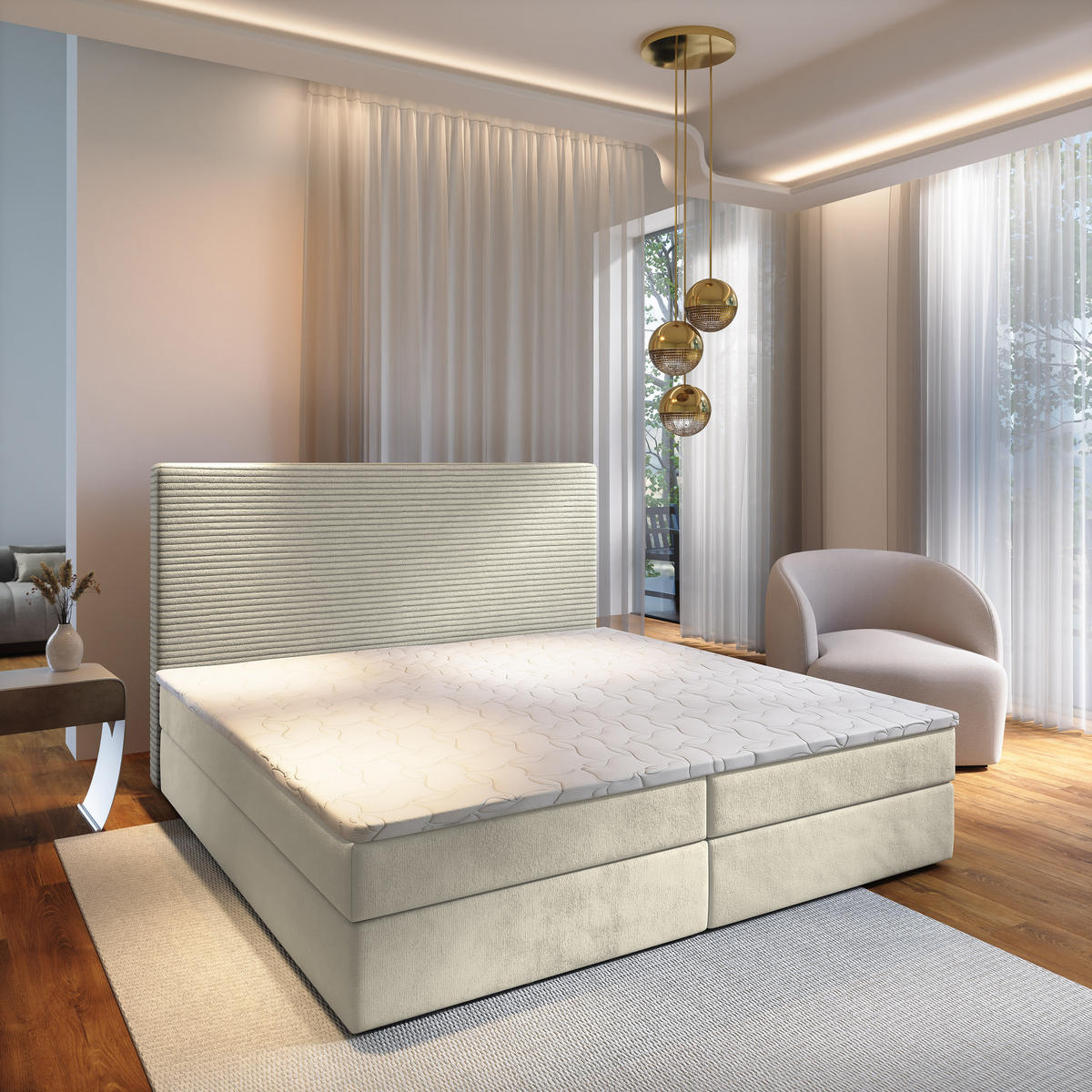 BOXBETT GIARRO 140x200 cm mit Matratze und Topper - Creme - Creme, Holz (140/200cm) - MASSENO