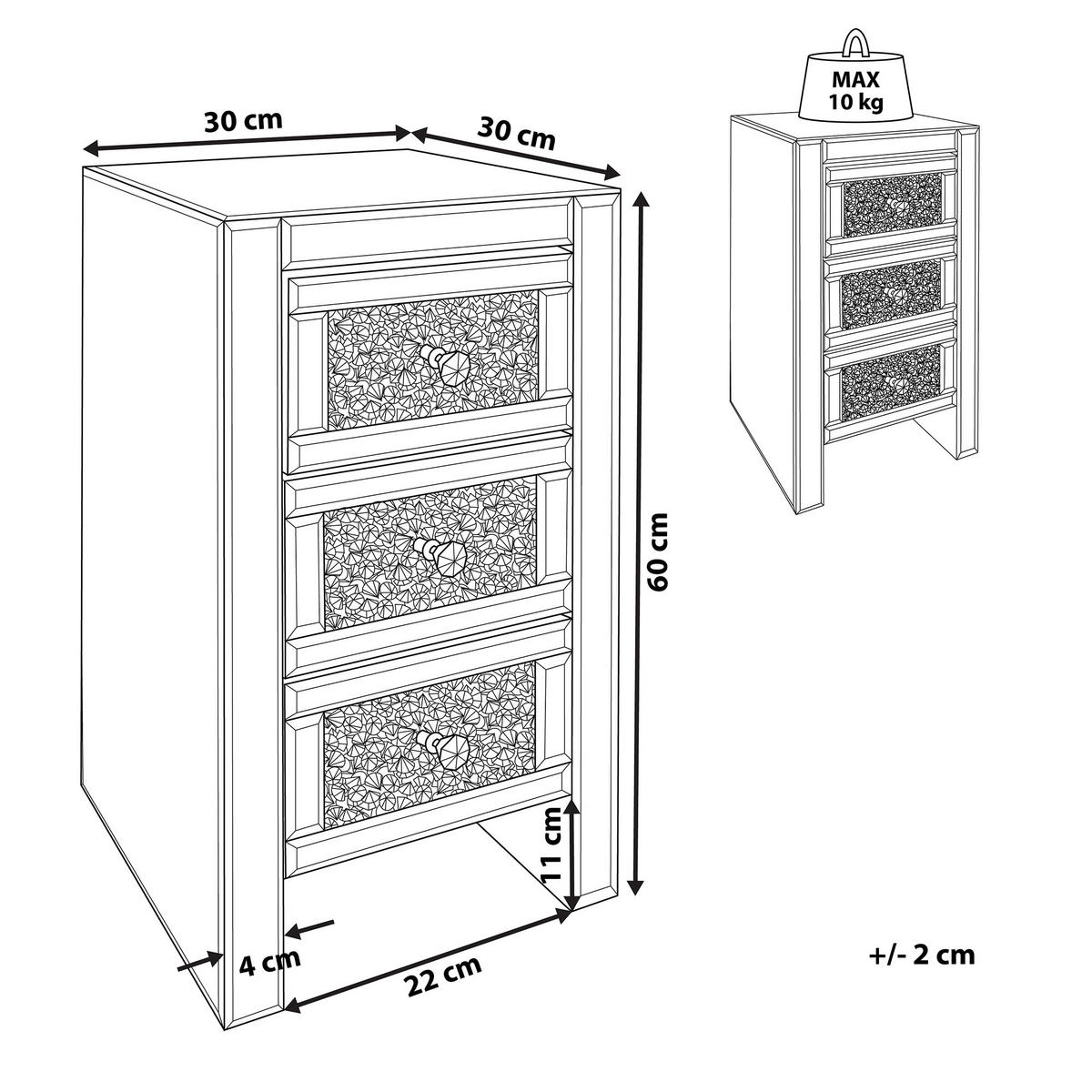NACHTTISCH Spiegeleffekt 3 Schubladen Loray - Silberfarben, Glas (30/60/30cm) - Beliani