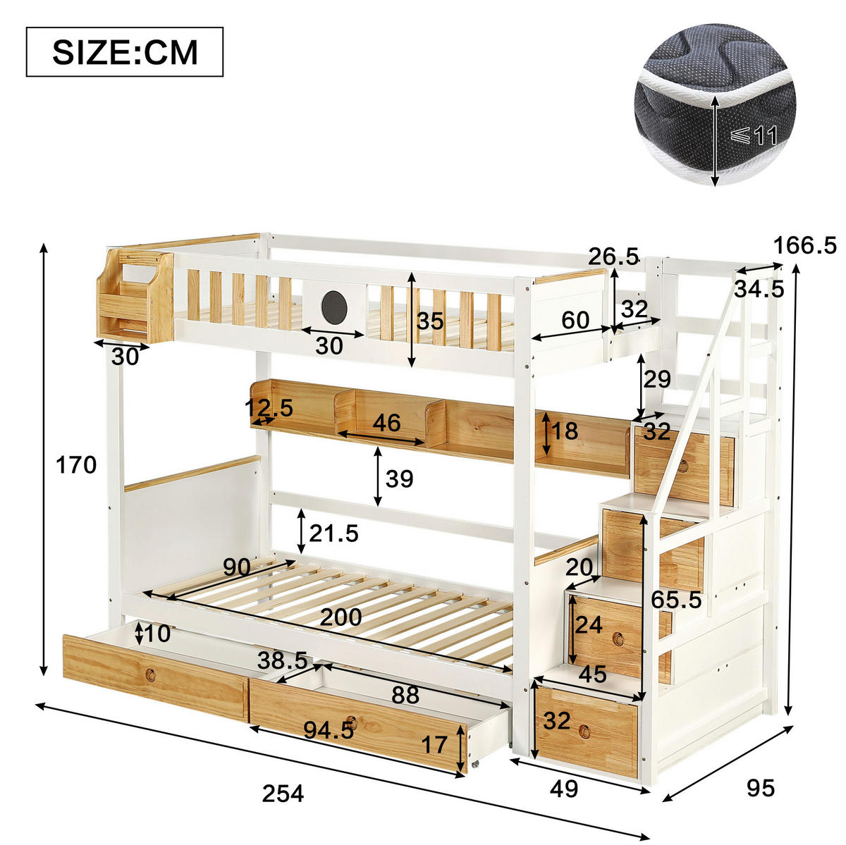 ETAGENBETT aus Kiefer und MDF 90x200 cm Weiß/Natur mit Stauraumtreppe, 2 Schubladen und Fallschutzgitter - Weiß, Holzwerkstoff (90/200cm) - Modfu