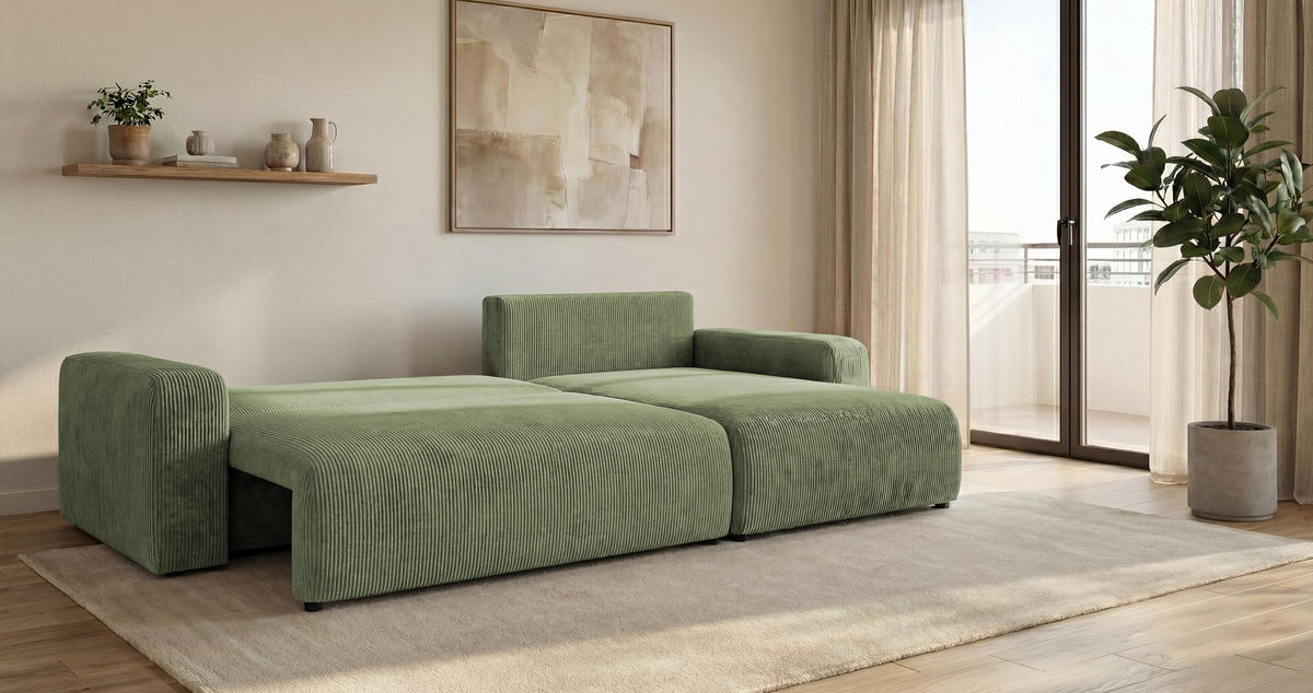 ROHOVÁ pohovka BERLIN pravá světle zelená manšestr Poso 47 - funkce spaní, úložný prostor - světle zelená, textil (285/184cm) - Cornero
