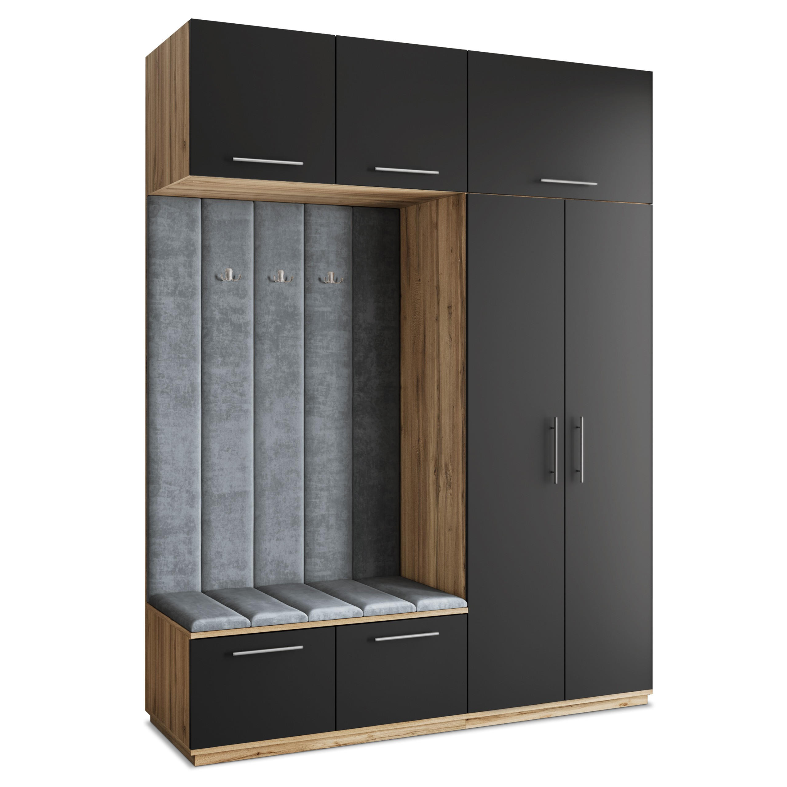 Masseno Garderobenschrank Eiche Wotan, Schwarz, Grau 180x240x60 cm