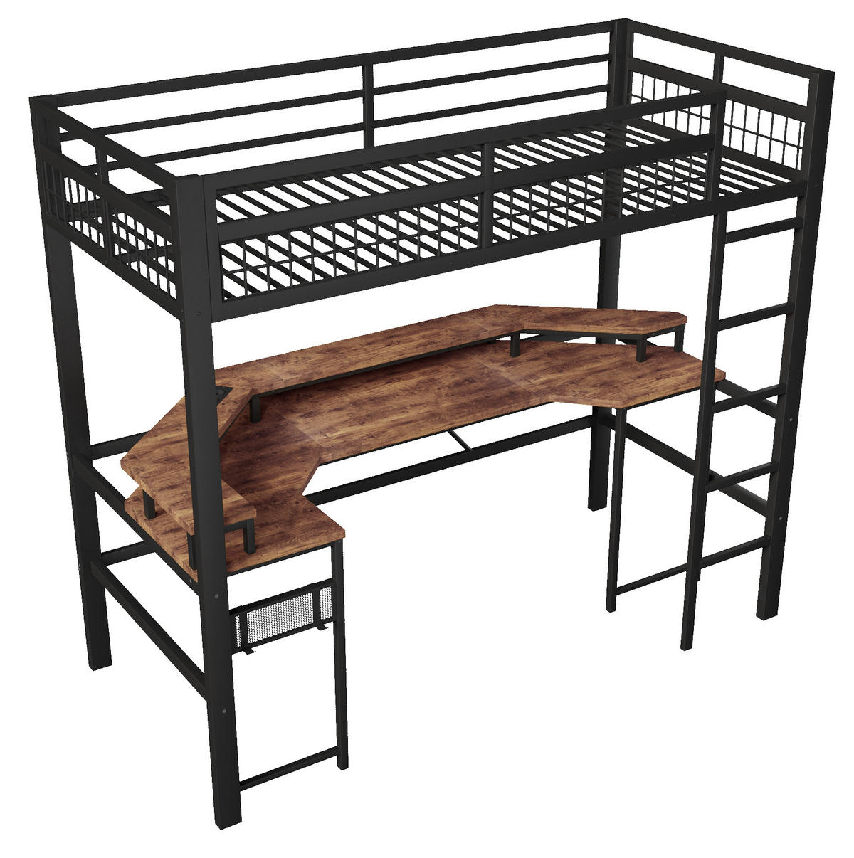 HOCHBETT aus Metall und MDF 90x200 cm Schwarz mit Schreibtisch, LED-Beleuchtung, USB-C und Lochwand - Schwarz, Metall (90/200cm) - Modfu