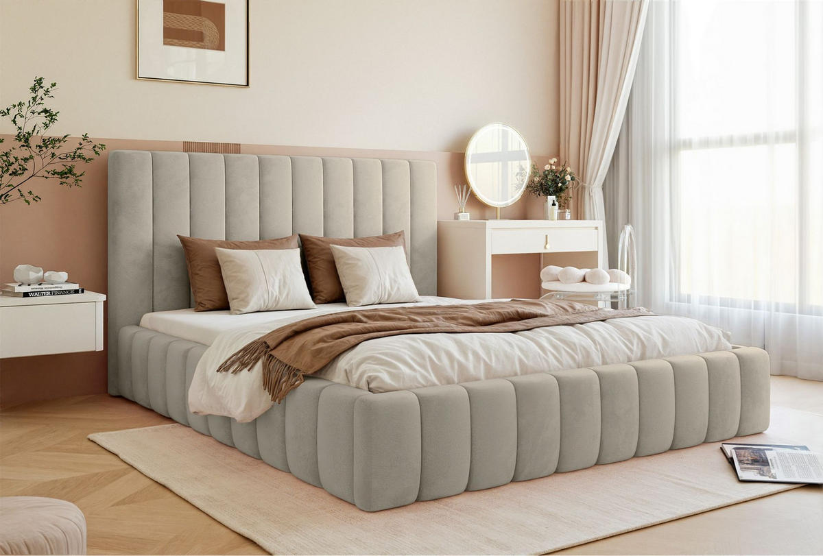 POLSTERBETT Fiarro Hellbeige, Velours, 180x200 cm - Ecru, Textil (180/200cm) - Selsey