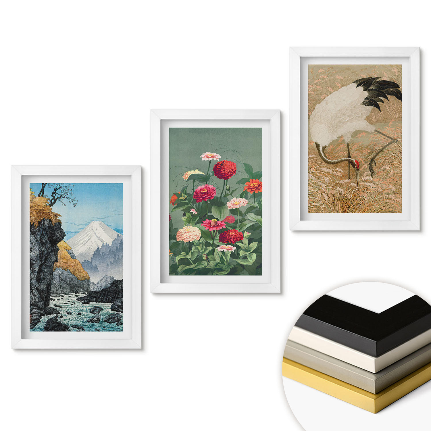 WANDBILDER 3er-Set - 20x30 cm Weißer Rahmen - Berglandschaft, Fluss, Blumen, Kraniche - Weiß, Kunststoff (20/30cm) - ArtPrintCave