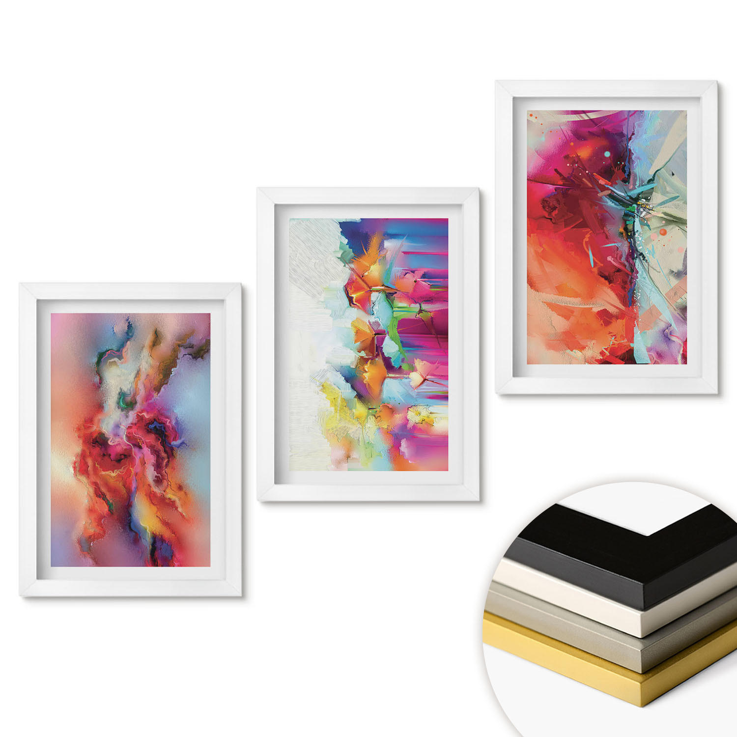 WANDBILDER 3er-Set - 20x30 cm Weißer Rahmen - Farbenfrohe Abstraktionen der Form - Weiß, Kunststoff (20/30cm) - ArtPrintCave