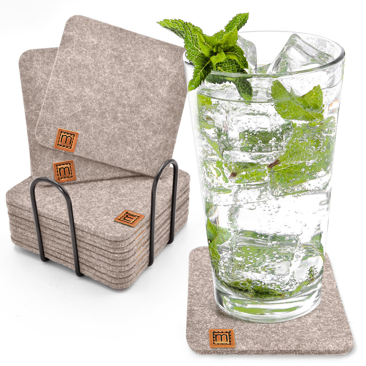 GLASUNTERSETZER mit Lederlabel / Mit Halter 12er-Set - Beige, Textil (10/10cm) - Miqio Design